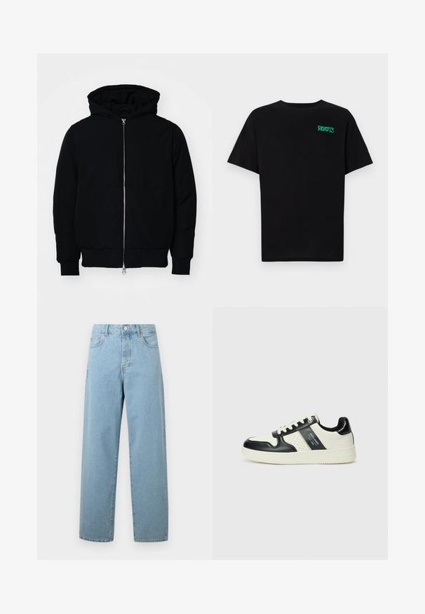Giacca nera con cappuccio, dotata di zip frontale, tasca a marsupio, polsini e orlo a coste, esposta su uno sfondo bianco semplice.; T-shirt nera in cotone con maniche corte. Presenta un logo verde "ROOTS" sulla parte frontale, colletto rotondo e vestibilità standard.; Jeans larghi di colore azzurro, realizzati in denim, con chiusura frontale a bottoni, design tradizionale a cinque tasche e vestibilità comoda.; Sneakers in pelle con una combinazione di colori nero e crema, dotati di dettagli perforati, collare imbottito e suola testurizzata.