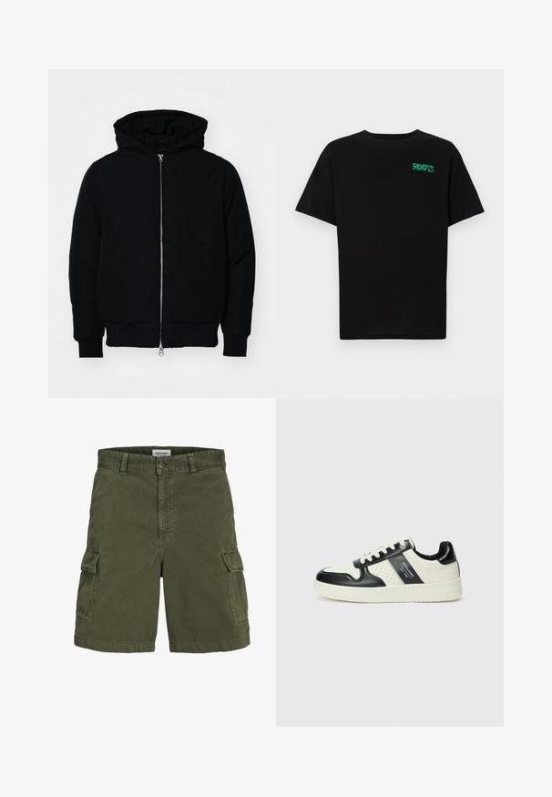 Czarna kurtka z kapturem, z suwakiem z przodu, kieszenią kangurką, ściągaczami przy mankietach i dolnym brzegu, prezentowana na jednolitym białym tle.; Czarna koszulka z bawełny z krótkim rękawem. Posiada zielone logo "ROOTS" z przodu, okrągły dekolt i standardowy krój.; Oliwkowe szorty cargo wykonane z bawełny, z zamkiem błyskawicznym, szlufkami na pasek, bocznymi kieszeniami i prostym krojem.; Skórzane sneakersy w czarno-kremowym schemacie kolorystycznym, z perforowanymi akcentami, wyściełanym kołnierzem i teksturowaną podeszwą.