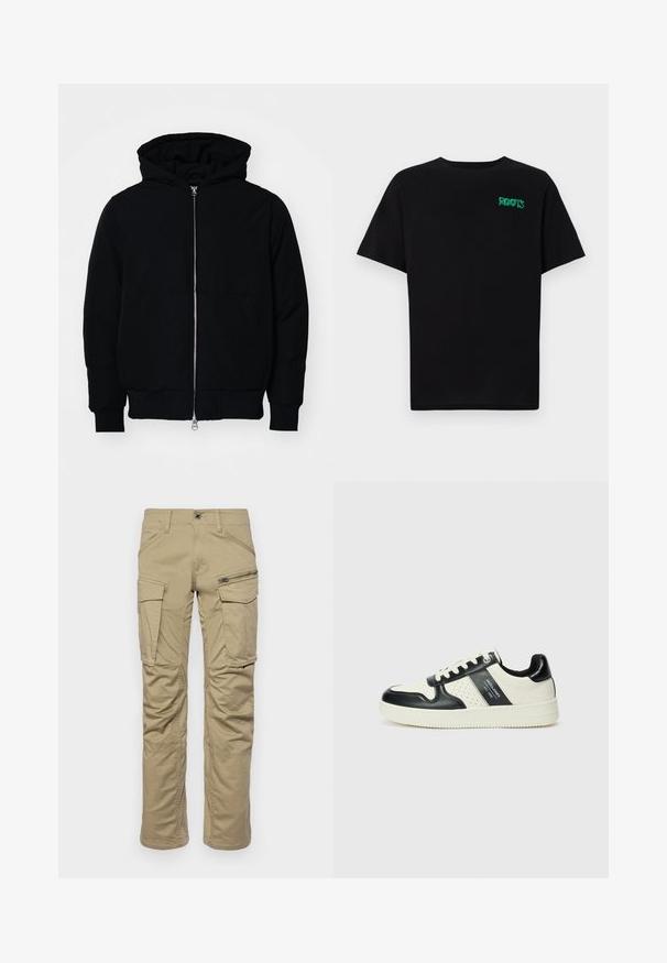 Black hooded jacket with front zipper, kangaroo pocket, ribbed cuffs, and hem, displayed on a plain white background.; Black t-shirt made of cotton with short sleeves. Features a green "ROOTS" logo on the front, round neckline, and standard fit.; Beige cargo pants with multiple pockets, including two side cargo pockets and one zippered front pocket. Made of durable fabric, straight leg design.; Leather sneakers with a black and cream color scheme, featuring perforated accents, a padded collar, and a textured outsole.