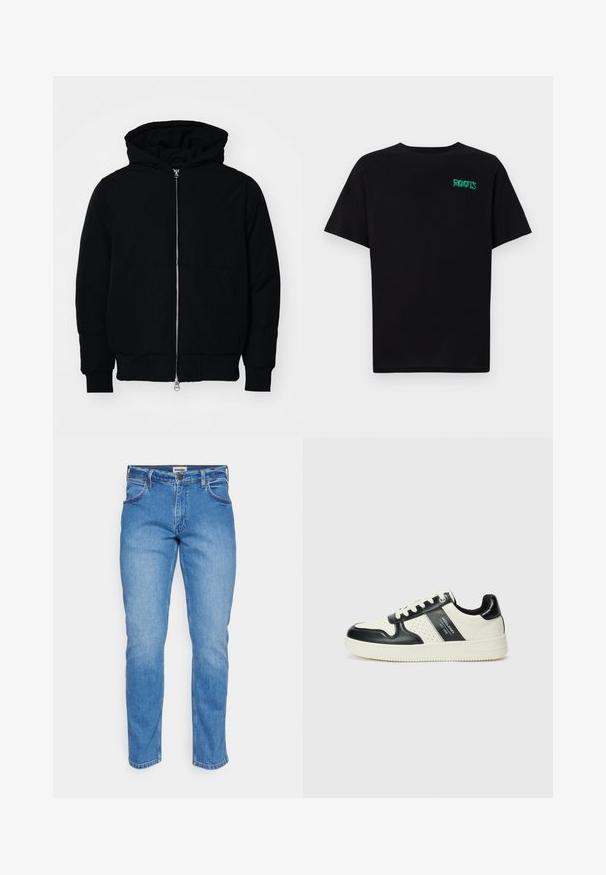 Juodas gobtuvėlis su priekiniu užtrauktuku, kengūros tipo kišene, lygiais rankogaliais ir apvadu, pateiktas ant vientiso balto fono.; Juodas medvilninis marškinėliai trumpomis rankovėmis. Priekyje yra žalias „ROOTS“ logotipas, apvalus iškirpimas ir standartinė prigludimo forma.; Šviesiai mėlynos džinsinės kelnės su tiesaus kirpimo dizainu, penkių kišenių stiliumi ir vario spalvos mygtuku. Yra matoma siuvinėjimo ir subtili tekstūra.; Odiniai sportbačiai juodos ir kreminės spalvų schemoje, su perforuotais akcentais, paminkštinta apykakle ir tekstūruotu padu.