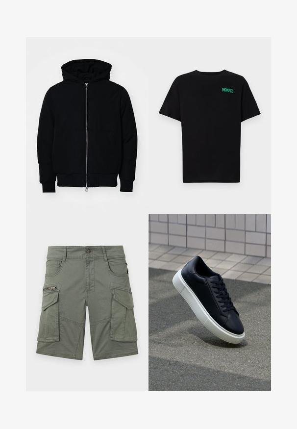 Black hooded jacket with front zipper, kangaroo pocket, ribbed cuffs, and hem, displayed on a plain white background.; Black t-shirt made of cotton with short sleeves. Features a green "ROOTS" logo on the front, round neckline, and standard fit.; Olive-green cargo shorts made of cotton blend fabric. Features multiple pockets, including a zip pocket, and sturdy stitching details.; Black leather sneaker with rounded toe and white rubber sole. Features flat laces and minimal stitching on the upper. Textured sole for grip.
