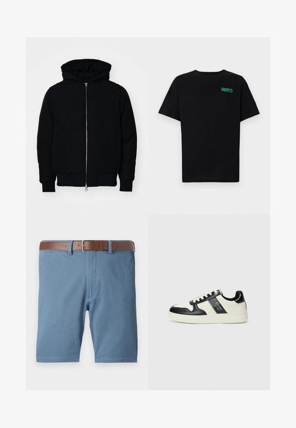 Čierna kapucňová bunda s predným zipsom, klokaními vreckami, rebrovanými manžetami a lemom, zobrazená na bielom pozadí.; Čierne tričko s krátkymi rukávmi vyrobené z bavlny. Na prednej strane má zelené logo "ROOTS", okrúhly výstrih a štandardný strih.; Modré bavlnené šortky s hnedým koženým opaskom, rovný strih, predné vrecká a čistý finiš na lemoch.; Kožené tenisky v čierno-krémovej farbe, s perforovanými akcentmi, polstrovaným golierom a štruktúrovanou podrážkou.