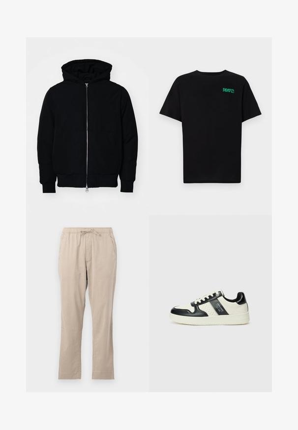 Veste à capuche noire avec fermeture éclair sur le devant, poche kangourou, poignets et ourlet côtelés, présentée sur un fond blanc uni.; T-shirt noir en coton à manches courtes. Présente un logo "ROOTS" vert sur le devant, un col rond et une coupe standard.; Pantalons beiges légers avec une taille élastiquée, poches avant et cordon de serrage. Texture lisse et design à jambe droite.; Baskets en cuir avec un schéma de couleurs noir et crème, dotées d'accents perforés, d'un col rembourré et d'une semelle texturée.