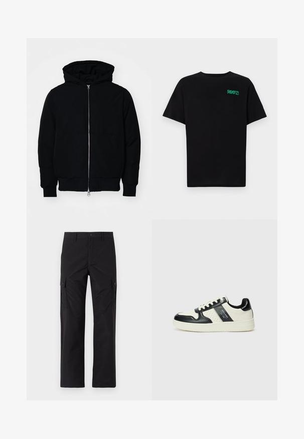 Črna kapuca jakna s sprednjim zadrgo, kenguru žepom, rebrastimi manšetami in hemom, razstavljena na enostavni beli ozadju.; Črna majica iz bombaža z kratkimi rokavi. Na sprednji strani ima zeleno logotip "ROOTS", okroglo ovratnico in standardno prileganje.; Jack & Jones JPSTKARL KURTIS SNAP TECH - Hlačami s stranskimi žepi - black; Usnjeni športni čevlji z črno in krem barvno shemo, ki vključujejo perforirane dodatke, podložen ovratnik in strukturirano podplat.
