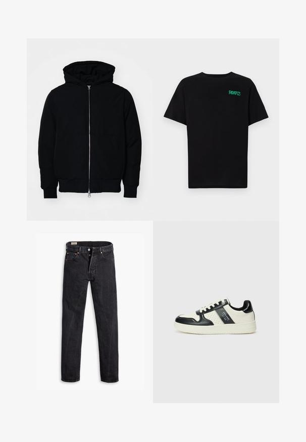 Chaqueta negra con capucha, cierre frontal, bolsillo tipo canguro, y puños y dobladillo acanalados, exhibida sobre un fondo blanco liso.; Camiseta negra de algodón con mangas cortas. Presenta un logo verde "ROOTS" en el frente, escote redondo y corte estándar.; Vaqueros de mezclilla negra con un corte recto. Presenta cinco bolsillos, dos cierres frontales con botón y costuras sutilmente contrastantes. Textura mate.; Zapatillas de cuero con un esquema de colores negro y crema, que cuentan con acentos perforados, un collar acolchado y una suela texturizada.