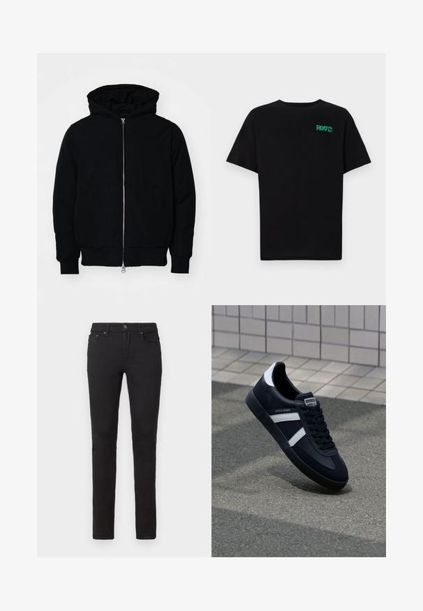 Jachetă neagră cu glugă, cu fermoar în față, buzunar tip kangaroo, mansete și tiv ribbed, prezentată pe un fundal alb simplu.; Tricou negru din bumbac, cu mâneci scurte. Prezintă un logo verde "ROOTS" pe față, guler rotund și o potrivire standard.; Jeans negri cu o croială slim. Fabricate din denim, dotate cu un fermoar, cinci buzunare și detalii de cusătură subtile.; Sneaker din piele neagră cu dungi albe, talpă din cauciuc texturat și șireturi. Prezintă un eticheta de marcă pe limbă.