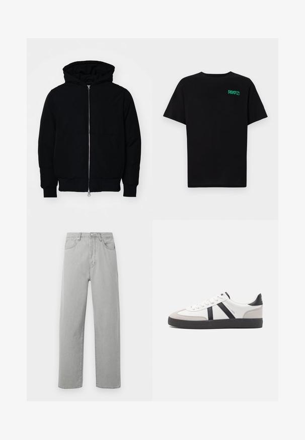 Črna kapuca jakna s sprednjim zadrgo, kenguru žepom, rebrastimi manšetami in hemom, razstavljena na enostavni beli ozadju.; Črna majica iz bombaža z kratkimi rokavi. Na sprednji strani ima zeleno logotip "ROOTS", okroglo ovratnico in standardno prileganje.; Svetlo sivi ravni traper hlače s petimi žepi, z zadrgo in gumbom, prikazane na beli podlagi.; Bela športna obutev z črnimi in sivo akcenti, z teksturirano sivo kapico za prste, črnim gumijastim podplatom in ravnimi belimi vezalkami. Čista zasnova, minimalistični slog.
