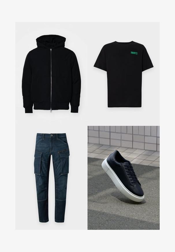 Veste à capuche noire avec fermeture éclair sur le devant, poche kangourou, poignets et ourlet côtelés, présentée sur un fond blanc uni.; T-shirt noir en coton à manches courtes. Présente un logo "ROOTS" vert sur le devant, un col rond et une coupe standard.; Pantalons cargo en denim foncé avec plusieurs poches, une poche latérale zippée et une coupe fuselée. Couture renforcée et fermeture à bouton classique.; Baskets noires en cuir avec bout arrondi et semelle en caoutchouc blanc. Elles présentent des lacets plats et une couture minimale sur la tige. Semelle texturée pour une bonne adhérence.