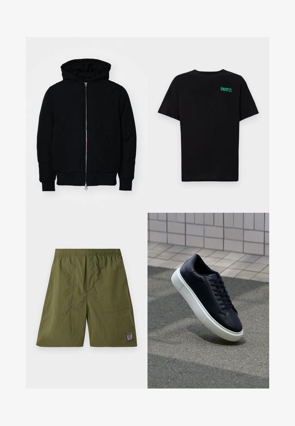 Schwarze Kapuzenjacke mit Frontreißverschluss, Kängurutasche, gerippten Bündchen und Saum, auf einem schlichten weißen Hintergrund präsentiert.; Schwarzes T-Shirt aus Baumwolle mit kurzen Ärmeln. Auf der Vorderseite befindet sich ein grünes "ROOTS"-Logo, es hat einen runden Halsauschnitt und eine normale Passform.; Grüne Nylonshorts mit einem elastischen Bund, zwei Seitentaschen und einem Aufnäher mit "GAP" in Weiß auf einem dunkelgrauen Hintergrund.; Schwarze Leder-Sneaker mit runder Zehenpartie und weißer Gummisohle. Verfügt über flache Schnürsenkel und minimale Nähte im Obermaterial. Strukturiertes Sohlenprofil für besseren Halt.