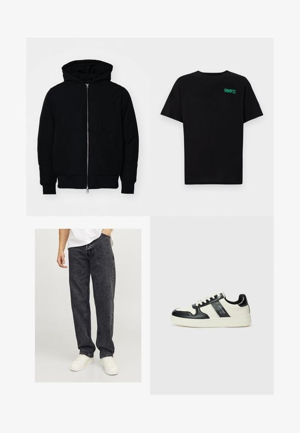 Fekete kapucnis dzseki elülső cipzárral, kenguruzsebbel, bordázott mandzsettákkal és aba, egy sima fehér háttér előtt.; Fekete, pamutból készült póló rövid ujjakkal. Elöl zöld "ROOTS" logóval, kerek nyakkivágással és normál szabással.; Jack & Jones JJIEDDIE JJORIGINAL - Túlméretezett farmernadrág - black denim; Fekete és krém színű bőrsneaker, perforált díszítésekkel, párnázott bokapánttal és texturált talppal.