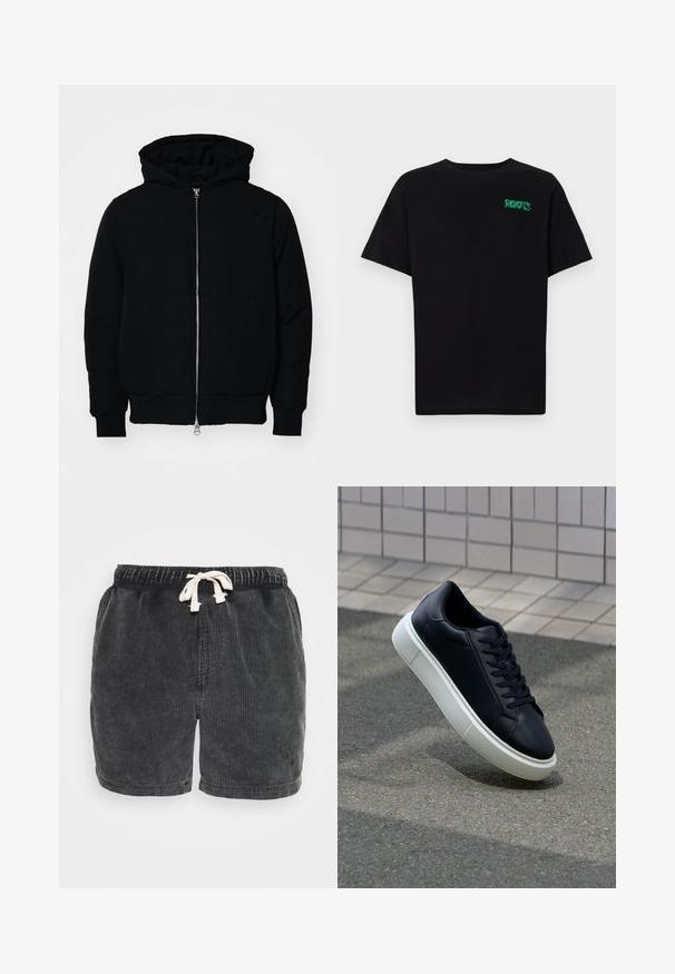 Melna kapucēta jaka ar priekšējo rāvējslēdzēju, kenguru kabatu, ribinātām aprocēm un apakšmalu, parādīta uz vienkārša balta fona.; Melna kokvilnas t-kreka ar īsām piedurknēm. Uz priekšu ir zaļa "ROOTS" logo, apaļa kakla izgriezums un standarta piegriezums.; Tumši pelēki kokvilnas kordūrija šorti ar vertikāli ribotām faktūrām, elastīgu jostu ar auklu un taisnu apdari.; Melnas ādas kedas ar noapaļotu pirkstu un baltu gumijas zoli. Iespējas - plakanas šņorītes un minimāla apdare augšdaļā. Struktūrēta zole, lai nodrošinātu saķeri.