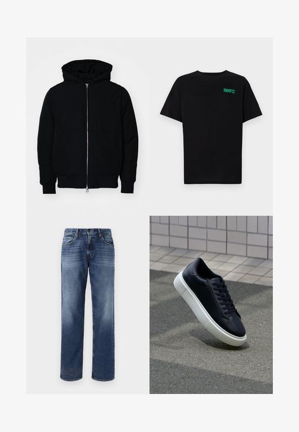 Mustaga kapuutsiga jakk, millel on esineed, kenguru tasku, soonikkoes, ja alläär, esitatud lihtsal valgel taustal.; Must t-särk, mis on valmistatud puuvillast, lühikeste varrukatega. Esipaneelil on roheline "ROOTS" logo, ümmargune kaelus ja tavapärane lõige.; Meeste sinised denim teksad, sirge sääre disainiga, kergelt kulunud, viie taskuga ja nupuga sulgemine.; Mustast nahast tennisetoss, millel on ümar nina ja valge kummist tall. Omab siredaid paelu ja minimaalset õmblemist ülemises osas. Tekstuuriga tald, mis tagab haakuvuse.