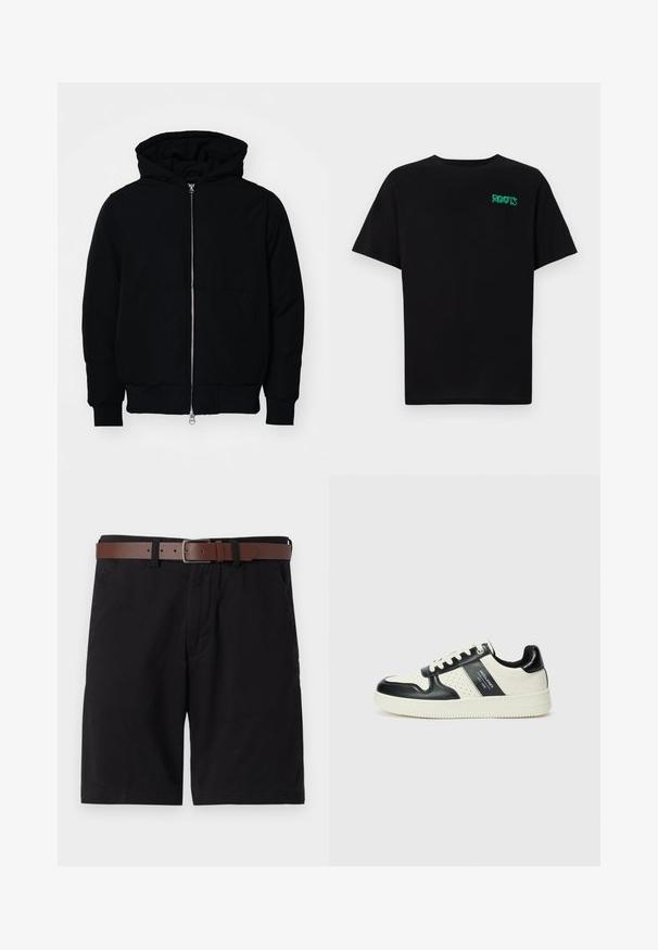 Black hooded jacket with front zipper, kangaroo pocket, ribbed cuffs, and hem, displayed on a plain white background.; Black t-shirt made of cotton with short sleeves. Features a green "ROOTS" logo on the front, round neckline, and standard fit.; Black cotton shorts featuring a brown leather belt. The design includes front pockets and a straight cut with finished hems.; Leather sneakers with a black and cream color scheme, featuring perforated accents, a padded collar, and a textured outsole.
