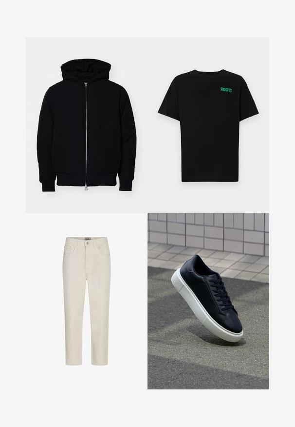 Black hooded jacket with front zipper, kangaroo pocket, ribbed cuffs, and hem, displayed on a plain white background.; Black t-shirt made of cotton with short sleeves. Features a green "ROOTS" logo on the front, round neckline, and standard fit.; Beige straight-leg jeans with front button, belt loops, and five-pocket design, displayed on a white background.; Black leather sneaker with rounded toe and white rubber sole. Features flat laces and minimal stitching on the upper. Textured sole for grip.