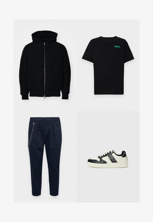 Giacca nera con cappuccio, dotata di zip frontale, tasca a marsupio, polsini e orlo a coste, esposta su uno sfondo bianco semplice.; T-shirt nera in cotone con maniche corte. Presenta un logo verde "ROOTS" sulla parte frontale, colletto rotondo e vestibilità standard.; Redefined Rebel LEE CROPPED - Pantaloni - sky captain; Sneakers in pelle con una combinazione di colori nero e crema, dotati di dettagli perforati, collare imbottito e suola testurizzata.