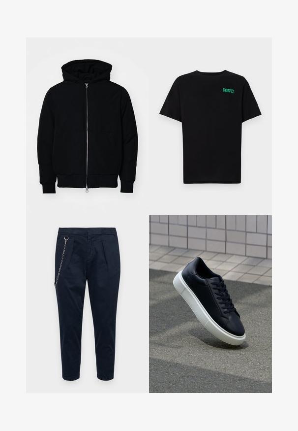 Čierna kapucňová bunda s predným zipsom, klokaními vreckami, rebrovanými manžetami a lemom, zobrazená na bielom pozadí.; Čierne tričko s krátkymi rukávmi vyrobené z bavlny. Na prednej strane má zelené logo "ROOTS", okrúhly výstrih a štandardný strih.; Redefined Rebel LEE CROPPED - Nohavice - sky captain; Čierne kožené tenisky s okrúhlou špičkou a bielou gumovou podrážkou. Majú ploché šnúrky a minimálne šitie na vrchu. Textúrovaná podrážka pre lepšiu priľnavosť.