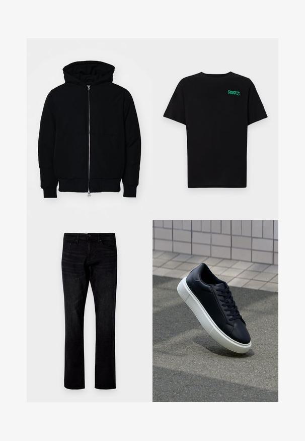 Svart hettejakke med frontglidelås, kengurulomme, ribbestrikket mansjetter og søm, vist på en ensfarget hvit bakgrunn.; svart t-skjorte laget av bomull med korte ermer. Har et grønt "ROOTS"-logo på forsiden, rund halsutringning og standard passform.; Sorte denim bukser med rett benkutt, med en standard fem-lommers design og subtil, vaskes tekstur.; Sorte skinnsneakers med rund tå og hvit gummisåle. Har flate lisser og minimal søm på overdelen. Strukturert såle for grep.