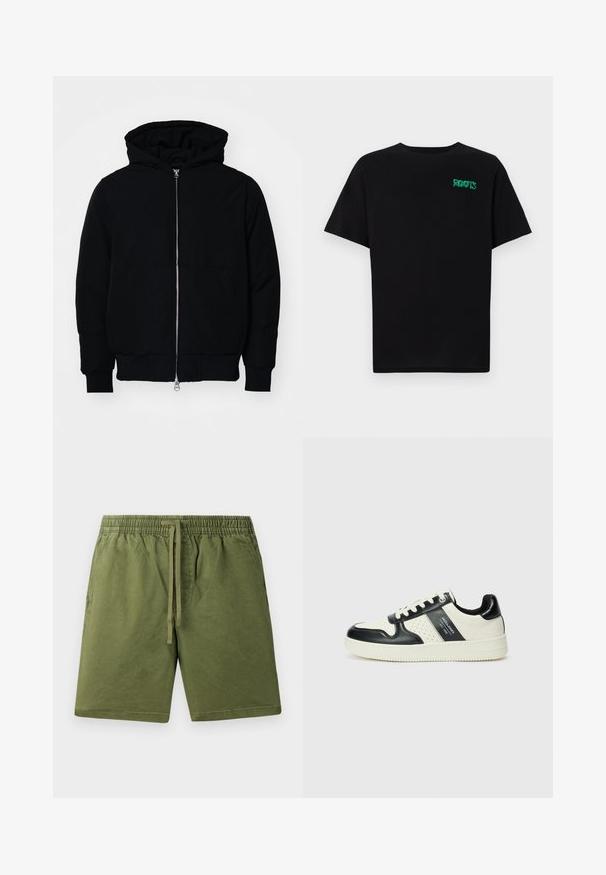 Black hooded jacket with front zipper, kangaroo pocket, ribbed cuffs, and hem, displayed on a plain white background.; Black t-shirt made of cotton with short sleeves. Features a green "ROOTS" logo on the front, round neckline, and standard fit.; Khaki green shorts made of soft cotton, featuring an elastic waistband with a drawstring and side pockets. Smooth texture, casual design.; Leather sneakers with a black and cream color scheme, featuring perforated accents, a padded collar, and a textured outsole.