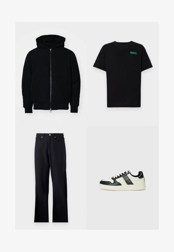 Giacca nera con cappuccio, dotata di zip frontale, tasca a marsupio, polsini e orlo a coste, esposta su uno sfondo bianco semplice.; T-shirt nera in cotone con maniche corte. Presenta un logo verde "ROOTS" sulla parte frontale, colletto rotondo e vestibilità standard.; Pantaloni neri realizzati in tessuto testurizzato, con vita aderente, due tasche frontali e taglio dritto. Inclusi dettagli metallici argentati.; Sneakers in pelle con una combinazione di colori nero e crema, dotati di dettagli perforati, collare imbottito e suola testurizzata.