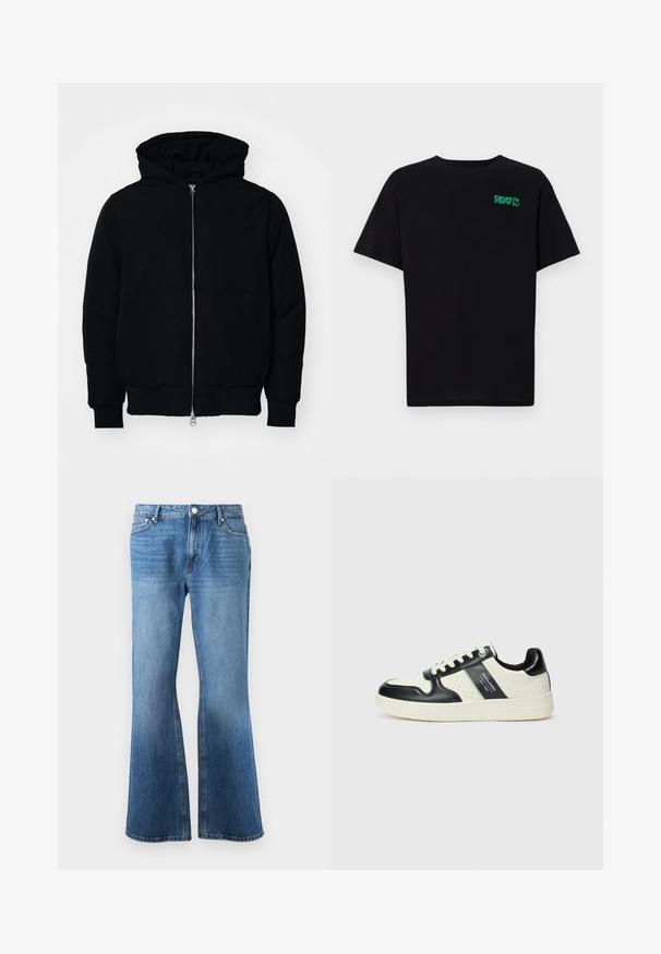 Schwarze Kapuzenjacke mit Frontreißverschluss, Kängurutasche, gerippten Bündchen und Saum, auf einem schlichten weißen Hintergrund präsentiert.; Schwarzes T-Shirt aus Baumwolle mit kurzen Ärmeln. Auf der Vorderseite befindet sich ein grünes "ROOTS"-Logo, es hat einen runden Halsauschnitt und eine normale Passform.; Blaue Jeans aus Denim mit hoher Taille und weitem Bein, ausgestattet mit vorderen Taschen, Gürtelschlaufen und einem Knopfverschluss.; Leder-Sneaker in Schwarz- und Cremetönen, mit perforierten Akzenten, einem gepolsterten Kragen und einer strukturierten Laufsohle.