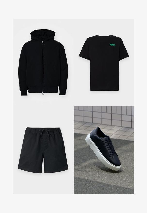 Svart hettejakke med frontglidelås, kengurulomme, ribbestrikket mansjetter og søm, vist på en ensfarget hvit bakgrunn.; svart t-skjorte laget av bomull med korte ermer. Har et grønt "ROOTS"-logo på forsiden, rund halsutringning og standard passform.; Svarte svømmedraktshorts med elastisk midjebånd og snor. Har sidelommer og et glatt, lett stoff. Vanlig passform.; Sorte skinnsneakers med rund tå og hvit gummisåle. Har flate lisser og minimal søm på overdelen. Strukturert såle for grep.