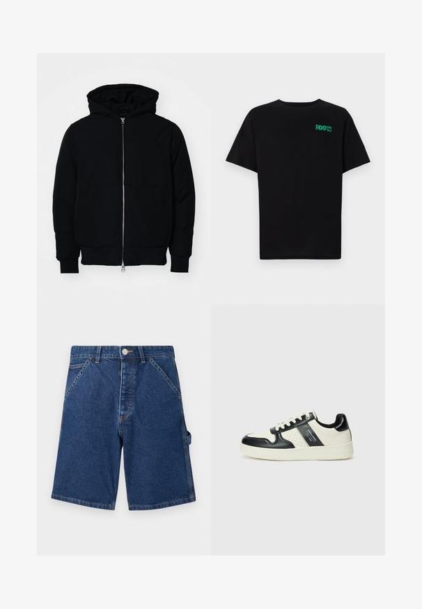 Zwarte hoodie met rits aan de voorkant, kangoeroe-pocket, geribbelde manchetten en zoom, weergegeven op een effen witte achtergrond.; Zwarte T-shirt van katoen met korte mouwen. Heeft een groen "ROOTS" logo op de voorkant, een ronde halslijn en een standaard pasvorm.; Donkerblauwe denim shorts met een klassiek vijf-pocketontwerp, metalen knoopsluiting en zichtbare stiksel langs de naden.; Leren sneakers met een zwart en crèmekleurig kleurenschema, voorzien van geperforeerde accenten, een gevoerde kraag en een gestructureerde buitenzool.