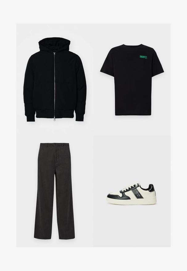 Melna kapucēta jaka ar priekšējo rāvējslēdzēju, kenguru kabatu, ribinātām aprocēm un apakšmalu, parādīta uz vienkārša balta fona.; Melna kokvilnas t-kreka ar īsām piedurknēm. Uz priekšu ir zaļa "ROOTS" logo, apaļa kakla izgriezums un standarta piegriezums.; Melni korduroja bikses ar plaša kāju dizainu, vertikālā ribu tekstūra, ar rāvējslēdzēju un pogu aizdari, kā arī priekšējām kabatām.; Ādas sporta apavi ar melnbaltu krāsu shēmu, ar perforētiem akcentiem, mīkstinātu apkakli un teksturētu zoli.