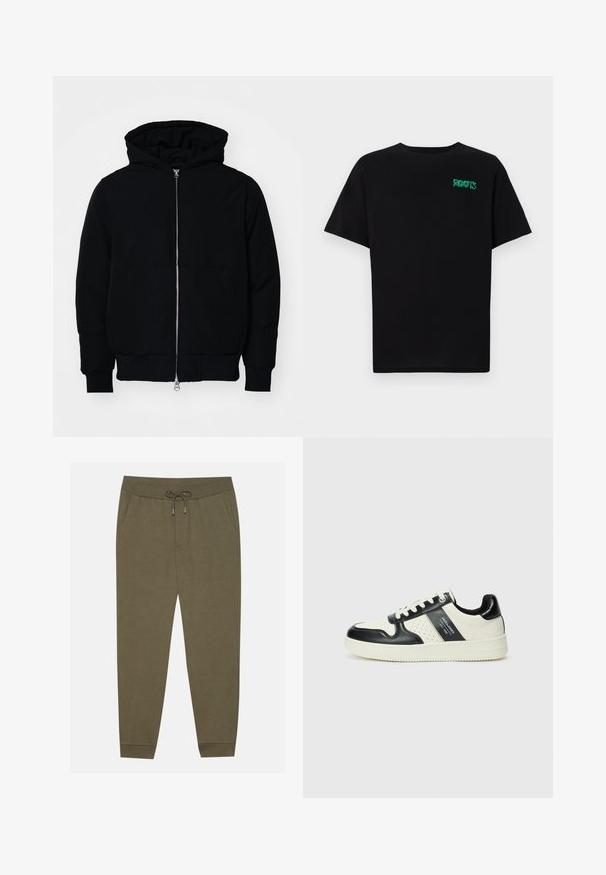 Svart hettejakke med frontglidelås, kengurulomme, ribbestrikket mansjetter og søm, vist på en ensfarget hvit bakgrunn.; svart t-skjorte laget av bomull med korte ermer. Har et grønt "ROOTS"-logo på forsiden, rund halsutringning og standard passform.; Olivenfargede joggebukser med elastisk midjebånd, snor, sidelommer og smale ben. Laget av myk stoff med jevn tekstur.; Lædersneakers med sort og creme farveskema, der har perforerede detaljer, en polstret krave og en struktureret ydersål.