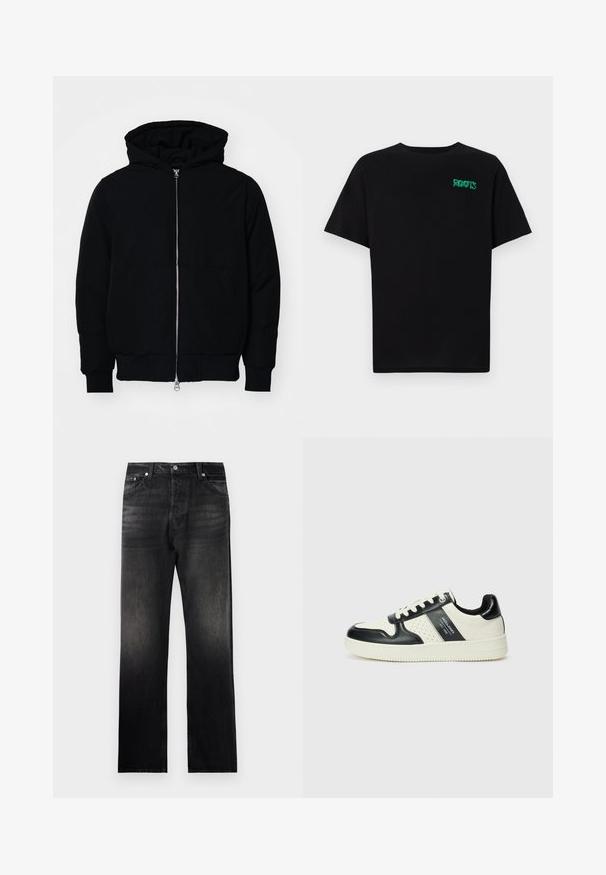 Fekete kapucnis dzseki elülső cipzárral, kenguruzsebbel, bordázott mandzsettákkal és aba, egy sima fehér háttér előtt.; Fekete, pamutból készült póló rövid ujjakkal. Elöl zöld "ROOTS" logóval, kerek nyakkivágással és normál szabással.; Fekete farmernadrág egyenes szabással, amelyen elhalványuló árnyalatú hatás található, öt zsebes dizájn és fém kiegészítők.; Fekete és krém színű bőrsneaker, perforált díszítésekkel, párnázott bokapánttal és texturált talppal.