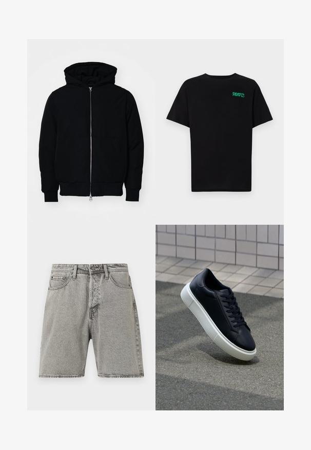 Sort hættejakke med frontlynlås, kængurulomme, ribbede manchetter og kant, præsenteret på en ensfarvet hvid baggrund.; Sort t-shirt lavet af bomuld med korte ærmer. Har et grønt "ROOTS" logo på forsiden, rund halsudskæring og almindelig pasform.; Grå denimshorts med klassisk snit, fem lommer og synlige sømme. Udstyret med en knaplukning foran og en let falmet overflade.; Sort lædersneaker med rund tå og hvid gummisål. Har flade snørebånd og minimal syning på overdelen. Tekstureret sål for bedre greb.