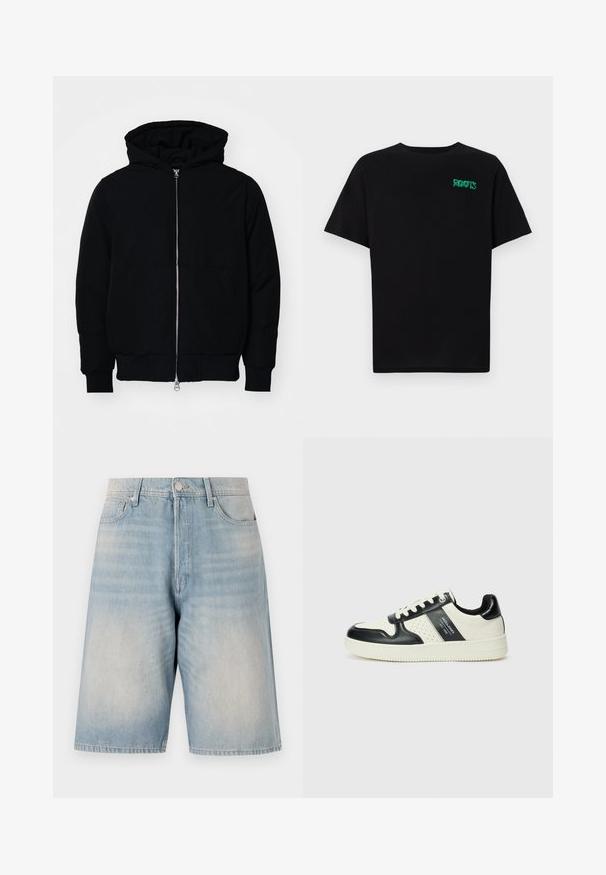 Črna kapuca jakna s sprednjim zadrgo, kenguru žepom, rebrastimi manšetami in hemom, razstavljena na enostavni beli ozadju.; Črna majica iz bombaža z kratkimi rokavi. Na sprednji strani ima zeleno logotip "ROOTS", okroglo ovratnico in standardno prileganje.; Svetlo modri denim kratki hlače s sproščenim krojem. Imajo gumbasto zapiranje, paseke in dva sprednja žepa. Po celotni površini so z zbledelem izgledom.; Usnjeni športni čevlji z črno in krem barvno shemo, ki vključujejo perforirane dodatke, podložen ovratnik in strukturirano podplat.