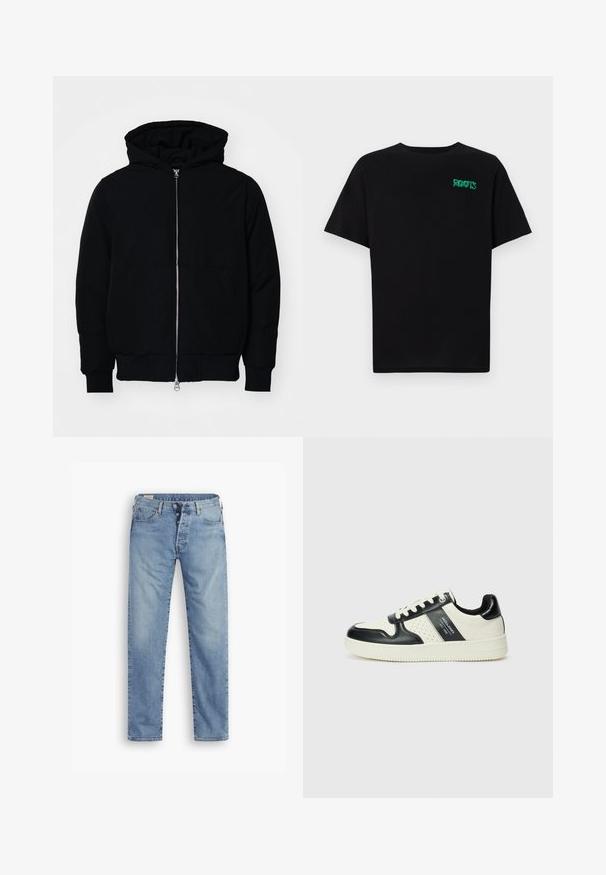 Black hooded jacket with front zipper, kangaroo pocket, ribbed cuffs, and hem, displayed on a plain white background.; Black t-shirt made of cotton with short sleeves. Features a green "ROOTS" logo on the front, round neckline, and standard fit.; Light blue denim jeans with a straight cut. Features a button fly, five pockets, and slightly faded texture.; Leather sneakers with a black and cream color scheme, featuring perforated accents, a padded collar, and a textured outsole.