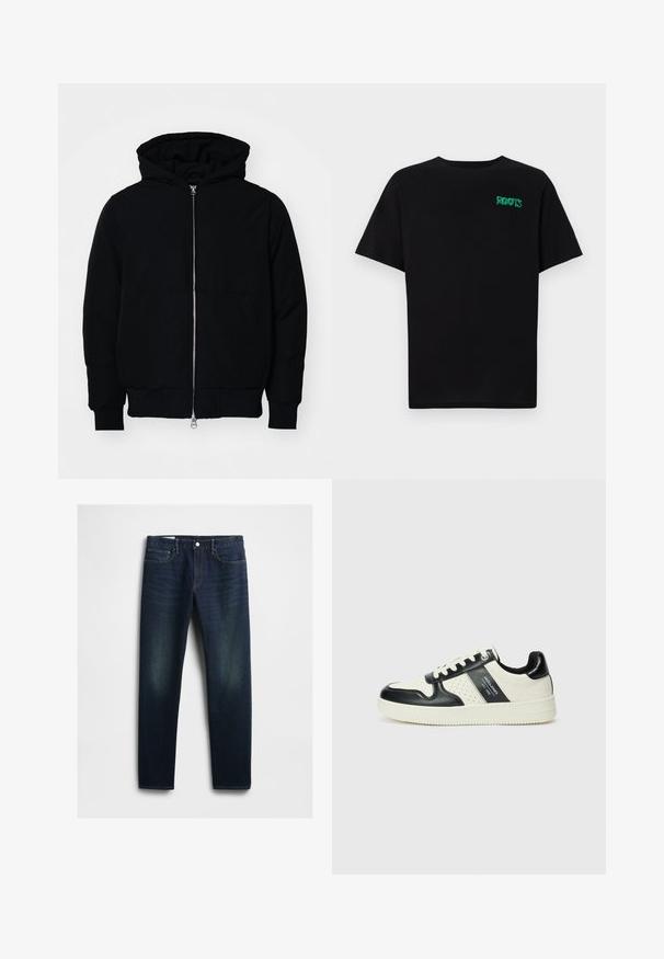 Čierna kapucňová bunda s predným zipsom, klokaními vreckami, rebrovanými manžetami a lemom, zobrazená na bielom pozadí.; Čierne tričko s krátkymi rukávmi vyrobené z bavlny. Na prednej strane má zelené logo "ROOTS", okrúhly výstrih a štandardný strih.; Tmavomodré džíny z denimu so strihaťou s rovnými nohavicami, obsahujúce päť vreciek, zapínanie na gombíky a jemné vyblednutie na stehnách. Klasické štepovanie.; Kožené tenisky v čierno-krémovej farbe, s perforovanými akcentmi, polstrovaným golierom a štruktúrovanou podrážkou.