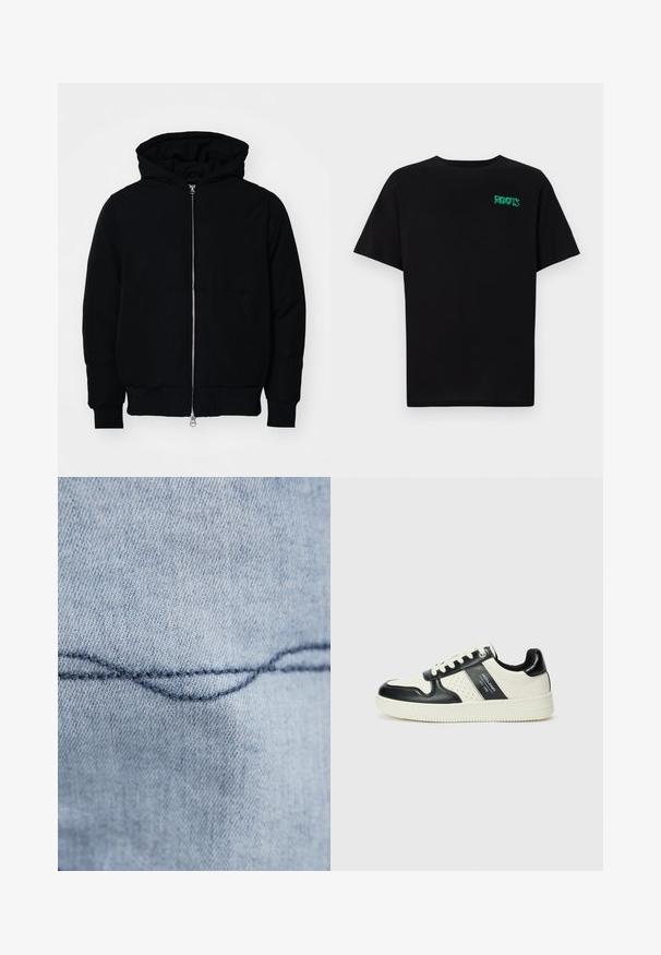 Juodas gobtuvėlis su priekiniu užtrauktuku, kengūros tipo kišene, lygiais rankogaliais ir apvadu, pateiktas ant vientiso balto fono.; Juodas medvilninis marškinėliai trumpomis rankovėmis. Priekyje yra žalias „ROOTS“ logotipas, apvalus iškirpimas ir standartinė prigludimo forma.; Šviesiai mėlynas džinsinis audinys su matomu išlinkimu. Tekstūra atrodo lygi, su nuosekliai siūtomis tamsiai mėlynomis siūlėmis.; Odiniai sportbačiai juodos ir kreminės spalvų schemoje, su perforuotais akcentais, paminkštinta apykakle ir tekstūruotu padu.