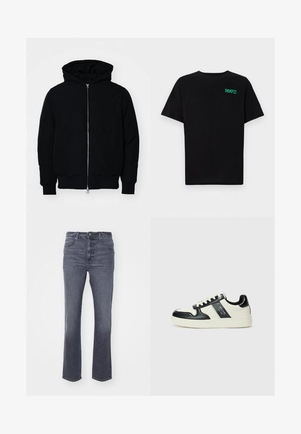 Veste à capuche noire avec fermeture éclair sur le devant, poche kangourou, poignets et ourlet côtelés, présentée sur un fond blanc uni.; T-shirt noir en coton à manches courtes. Présente un logo "ROOTS" vert sur le devant, un col rond et une coupe standard.; Jeans en denim gris avec une coupe droite, design à cinq poches, décoloration subtile, patte de boutonnage et fermeture éclair, et taille classique.; Baskets en cuir avec un schéma de couleurs noir et crème, dotées d'accents perforés, d'un col rembourré et d'une semelle texturée.