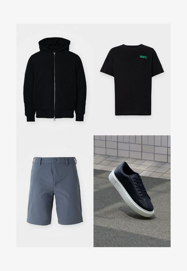 Schwarze Kapuzenjacke mit Frontreißverschluss, Kängurutasche, gerippten Bündchen und Saum, auf einem schlichten weißen Hintergrund präsentiert.; Schwarzes T-Shirt aus Baumwolle mit kurzen Ärmeln. Auf der Vorderseite befindet sich ein grünes "ROOTS"-Logo, es hat einen runden Halsauschnitt und eine normale Passform.; Graue, knielange Shorts aus leichtem Material; mit Knopfverschluss, Gürtelschlaufen und Seitentaschen mit glatter Oberfläche.; Schwarze Leder-Sneaker mit runder Zehenpartie und weißer Gummisohle. Verfügt über flache Schnürsenkel und minimale Nähte im Obermaterial. Strukturiertes Sohlenprofil für besseren Halt.