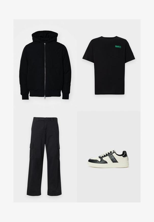 Black hooded jacket with front zipper, kangaroo pocket, ribbed cuffs, and hem, displayed on a plain white background.; Black t-shirt made of cotton with short sleeves. Features a green "ROOTS" logo on the front, round neckline, and standard fit.; Black cargo pants made of cotton blend, featuring a loose fit, two side pockets, and button closure. Flat texture with minimal embellishments.; Leather sneakers with a black and cream color scheme, featuring perforated accents, a padded collar, and a textured outsole.