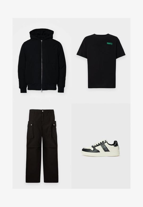 Črna kapuca jakna s sprednjim zadrgo, kenguru žepom, rebrastimi manšetami in hemom, razstavljena na enostavni beli ozadju.; Črna majica iz bombaža z kratkimi rokavi. Na sprednji strani ima zeleno logotip "ROOTS", okroglo ovratnico in standardno prileganje.; Črne cargo hlače iz mehkega blaga, z elastičnim pasom, stranskimi žepi s poklopci in ohlapnim, ravnim krojem.; Usnjeni športni čevlji z črno in krem barvno shemo, ki vključujejo perforirane dodatke, podložen ovratnik in strukturirano podplat.