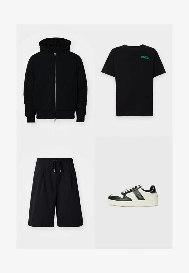 Svart hettejakke med frontglidelås, kengurulomme, ribbestrikket mansjetter og søm, vist på en ensfarget hvit bakgrunn.; svart t-skjorte laget av bomull med korte ermer. Har et grønt "ROOTS"-logo på forsiden, rund halsutringning og standard passform.; Svarte shorts med elastisk midjebånd og snøring, laget av lett materiale. Har en avslappet passform og ingen synlige mønstre eller detaljer.; Lædersneakers med sort og creme farveskema, der har perforerede detaljer, en polstret krave og en struktureret ydersål.