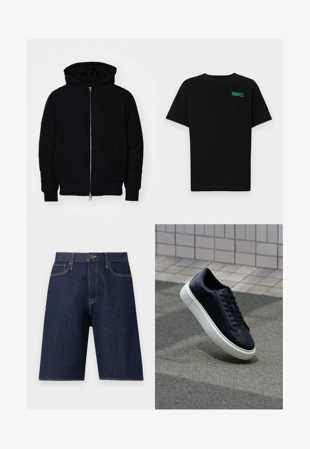 Mustat huppu-untuvatakki, jossa on vetoketju edessä, kenguru-tasku, ribatut hihansuut ja helma, esillä yksinkertaisella valkoisella taustalla.; Mustat t-paidat, jotka on valmistettu puuvillasta ja joissa on lyhyet hihat. Edessä vihreä "ROOTS"-logo, pyöreä kaula-aukko ja normaali istuvuus.; Tummansinisiä farkkushortsit, joissa on suora leikkaus, nappikiinnitys, vyölenkit ja sävy sävyyn ompeleet. Ei näkyviä kuvioita tai koristeita.; Mustat nahkakengät, joissa on pyöristetty kärki ja valkoinen kumipohja. Varusteena litteät nauhat ja minimaalinen ommel ylhäällä. Teksturoitu pohja pitävyyden lisäämiseksi.