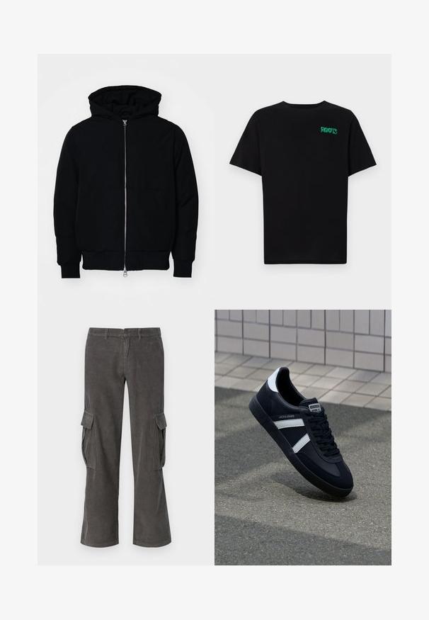 Černá kapucňová bunda s předním zipem, klokaní kapsou, vroubkovanými manžetami a spodním lemem, vystavená na čistém bílém pozadí.; Černé tričko vyrobené z bavlny s krátkým rukávem. Na přední straně se nachází zelené logo "ROOTS", kulatý výstřih a standardní střih.; Šedé manšestrové cargo kalhoty s rovnými nohavicemi, postranními kapsami a jemnou vlnitou strukturou. Zapínání na knoflík a zip v oblasti pasu.; Černé kožené tenisky s bílými pruhy, texturovanou gumovou podrážkou a šněrováním vpředu. Obsahují značenou etiketu na jazyku.