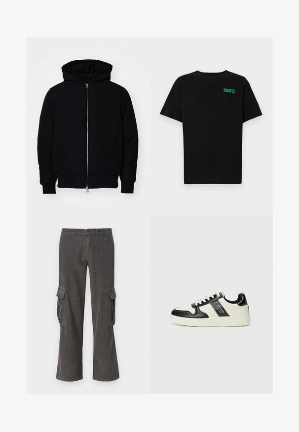 Fekete kapucnis dzseki elülső cipzárral, kenguruzsebbel, bordázott mandzsettákkal és aba, egy sima fehér háttér előtt.; Fekete, pamutból készült póló rövid ujjakkal. Elöl zöld "ROOTS" logóval, kerek nyakkivágással és normál szabással.; Szürke kordbársony cargo nadrág, egyenes lábú fazonnal, oldalsó zsebekkel és finom hullámos textúrával. Gombbal és cipzárral záródik deréknál.; Fekete és krém színű bőrsneaker, perforált díszítésekkel, párnázott bokapánttal és texturált talppal.