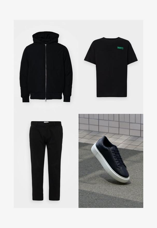 Veste à capuche noire avec fermeture éclair sur le devant, poche kangourou, poignets et ourlet côtelés, présentée sur un fond blanc uni.; T-shirt noir en coton à manches courtes. Présente un logo "ROOTS" vert sur le devant, un col rond et une coupe standard.; Pantalons noirs à coupe slim, avec un devant plat, des passants de ceinture et une fermeture éclair avec bouton. Fabriqués en tissu lisse et résistant.; Baskets noires en cuir avec bout arrondi et semelle en caoutchouc blanc. Elles présentent des lacets plats et une couture minimale sur la tige. Semelle texturée pour une bonne adhérence.