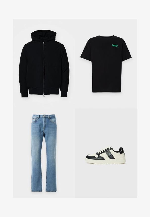 Mustat huppu-untuvatakki, jossa on vetoketju edessä, kenguru-tasku, ribatut hihansuut ja helma, esillä yksinkertaisella valkoisella taustalla.; Mustat t-paidat, jotka on valmistettu puuvillasta ja joissa on lyhyet hihat. Edessä vihreä "ROOTS"-logo, pyöreä kaula-aukko ja normaali istuvuus.; Vaaleansiniset farkut, joissa on suora lahje, viisi taskua ja hienoinen kuluminen. Ominaisuuksiin kuuluu klassinen vyötärö ja suora helma nilkoissa.; Nahkakengät musta-kerma värimaailmassa, joissa on rei'itetyt yksityiskohdat, pehmustettu nilkkaosa ja teksturoitu pohja.