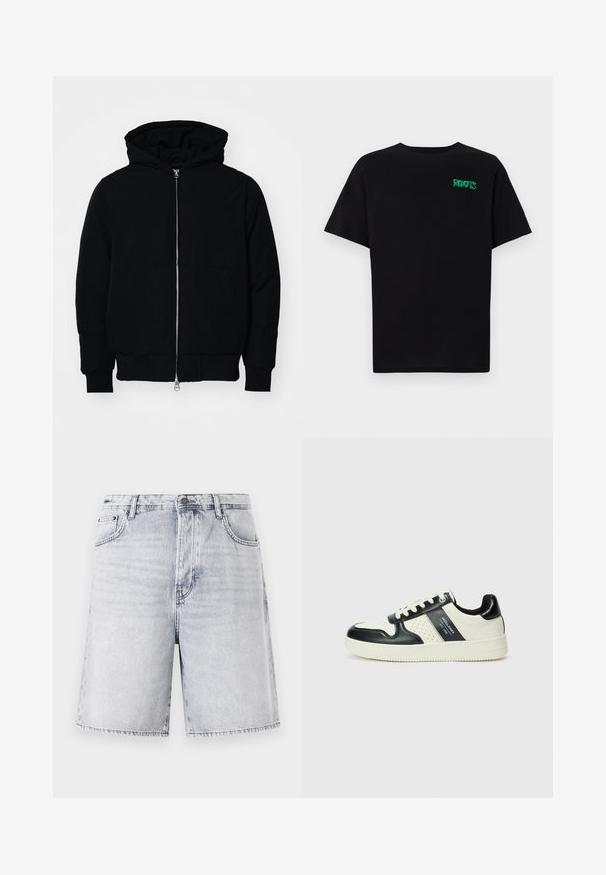 Crna kapuška jakna s prednjim zatvaračem, kenguru džepom, rebrastim manžetama i rubom, prikazana na običnoj bijeloj pozadini.; Crna majica kratkih rukava od pamuka. Na prednjem dijelu se nalazi zeleni "ROOTS" logo, okrugli izrez i standardni kroj.; Traperice kratke hlače svijetlosive boje s blagim izblijedjelim učinkom. Imaju pet džepova, petlju za remen te zatvaranje na zatvarač s kopčom.; Kožne tenisice s crno-bijelom paletom boja, koje imaju perforirane akcentne detalje, podstavljeni ovratnik i teksturiranu potplat.