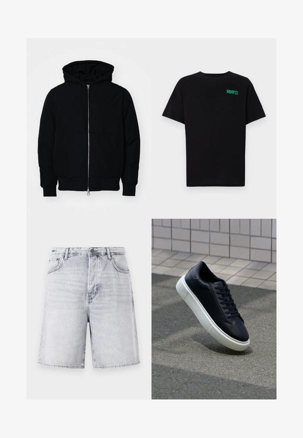 Schwarze Kapuzenjacke mit Frontreißverschluss, Kängurutasche, gerippten Bündchen und Saum, auf einem schlichten weißen Hintergrund präsentiert.; Schwarzes T-Shirt aus Baumwolle mit kurzen Ärmeln. Auf der Vorderseite befindet sich ein grünes "ROOTS"-Logo, es hat einen runden Halsauschnitt und eine normale Passform.; Hellgraue Denim-Shorts mit einem leicht verblassten Finish. Verfügt über fünf Taschen, Gürtelschlaufen und einen Reißverschluss mit Knopfverschluss.; Schwarze Leder-Sneaker mit runder Zehenpartie und weißer Gummisohle. Verfügt über flache Schnürsenkel und minimale Nähte im Obermaterial. Strukturiertes Sohlenprofil für besseren Halt.