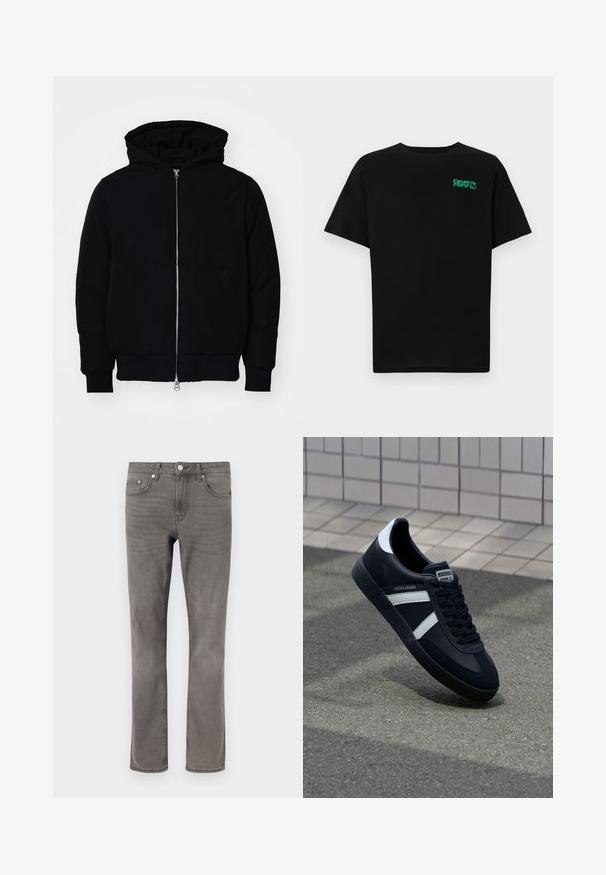 Crna kapuška jakna s prednjim zatvaračem, kenguru džepom, rebrastim manžetama i rubom, prikazana na običnoj bijeloj pozadini.; Crna majica kratkih rukava od pamuka. Na prednjem dijelu se nalazi zeleni "ROOTS" logo, okrugli izrez i standardni kroj.; Sive traperice s ravnim nogavicama, s pet džepova, zatvaranjem na gumbe i blagim izbljeđivanjem tkanine.; Crne kožne tenisice s bijelim prugama, strukturirana gumena potplate i vezanjem sprijeda. Ima oznaku brenda na jeziku.