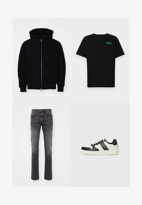 Melna kapucēta jaka ar priekšējo rāvējslēdzēju, kenguru kabatu, ribinātām aprocēm un apakšmalu, parādīta uz vienkārša balta fona.; Melna kokvilnas t-kreka ar īsām piedurknēm. Uz priekšu ir zaļa "ROOTS" logo, apaļa kakla izgriezums un standarta piegriezums.; Pelēki džinsi no denima ar taisnu kleitu, pieci kabatu stils un maiga izbalēšana. Iekļauj pogu un rāvējslēdzēju. Nav redzamas zīmola atšķirības.; Ādas sporta apavi ar melnbaltu krāsu shēmu, ar perforētiem akcentiem, mīkstinātu apkakli un teksturētu zoli.