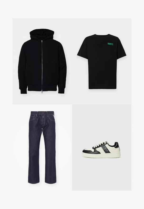 Melna kapucēta jaka ar priekšējo rāvējslēdzēju, kenguru kabatu, ribinātām aprocēm un apakšmalu, parādīta uz vienkārša balta fona.; Melna kokvilnas t-kreka ar īsām piedurknēm. Uz priekšu ir zaļa "ROOTS" logo, apaļa kakla izgriezums un standarta piegriezums.; Tumši zili denima džinsi ar taisnu kāju dizainu. Iespējas ietver pogu aizdari, piecus kabatas un kontrastējošu šuvumu.; Ādas sporta apavi ar melnbaltu krāsu shēmu, ar perforētiem akcentiem, mīkstinātu apkakli un teksturētu zoli.