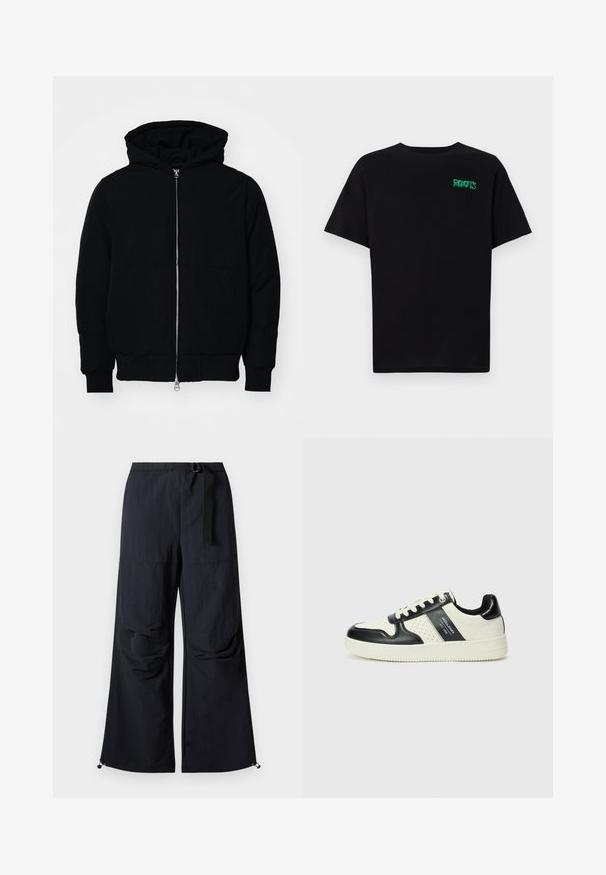 Black hooded jacket with front zipper, kangaroo pocket, ribbed cuffs, and hem, displayed on a plain white background.; Black t-shirt made of cotton with short sleeves. Features a green "ROOTS" logo on the front, round neckline, and standard fit.; Black wide-leg pants made of lightweight fabric. Features a belt, two large side pockets, and adjustable hems with toggle closures.; Leather sneakers with a black and cream color scheme, featuring perforated accents, a padded collar, and a textured outsole.